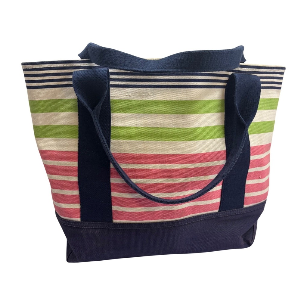 Pottery Barn Kids Canvas Tote Bag Striped Pink Green Navy Blue Beach Toy Bag